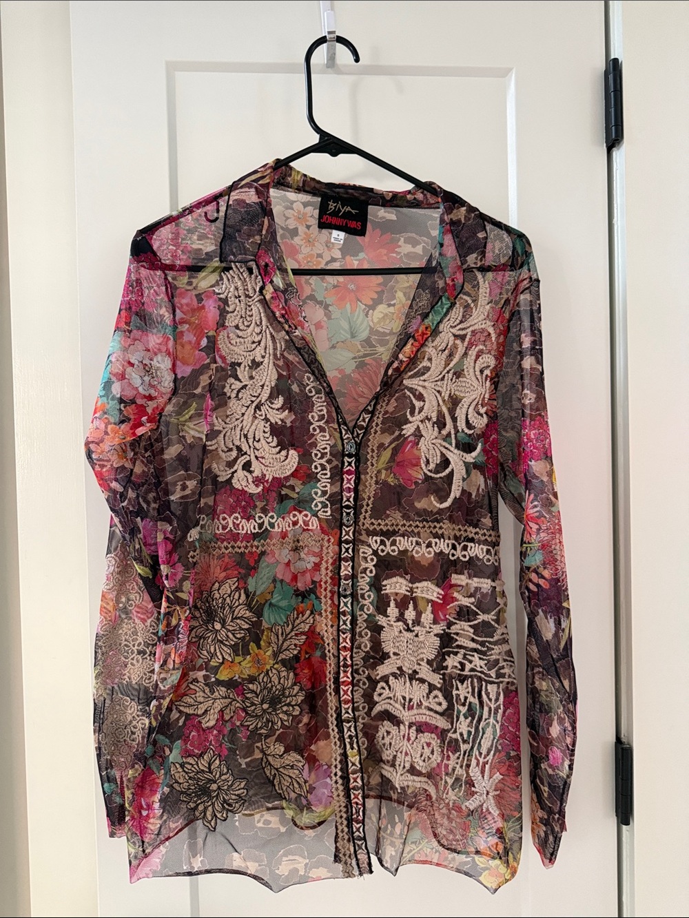 Johnny Was Sheer Floral Embroidered Blouse Multicolor S